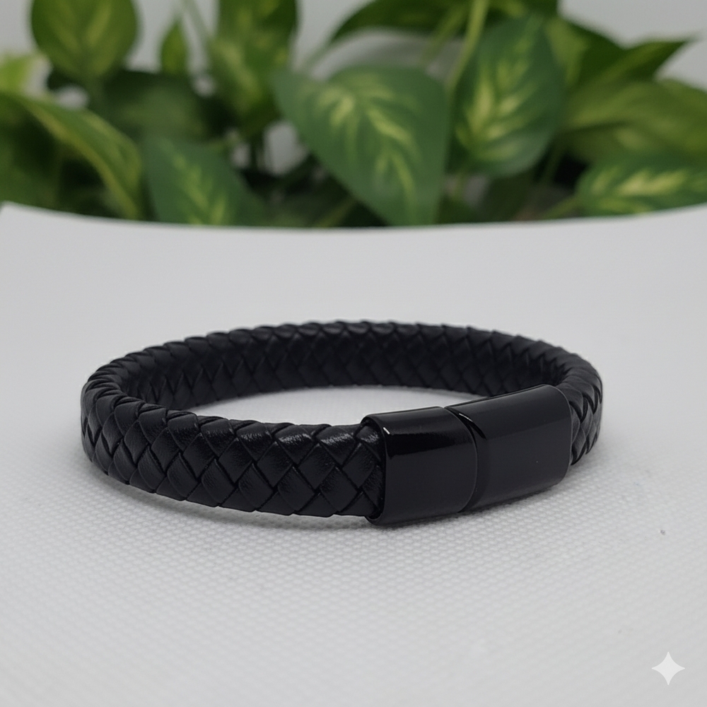 Black Braided Leather Bracelet 20cm